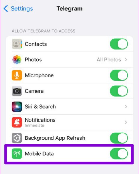 Cho phép Telegram được dùng Mobile Data